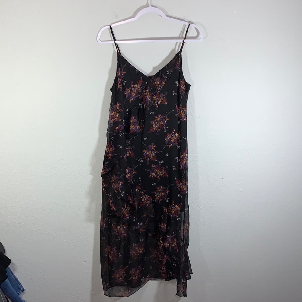 1.STATE Black Wildflower Ruffle Midi Dress Sleeveless V Neck Lined Size Medium - Picture 15 of 15